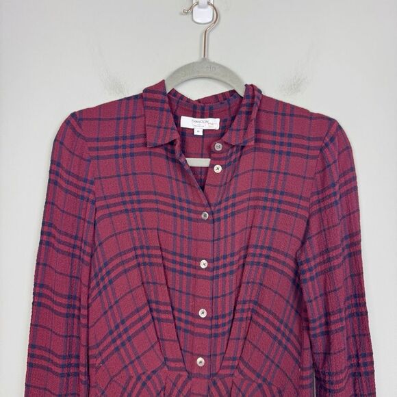 THAKOON COLLECTIVE | Plaid Burgundy & Navy Blue Crepe Shirt Dress Women’s Size 0 - Picture 8 of 14